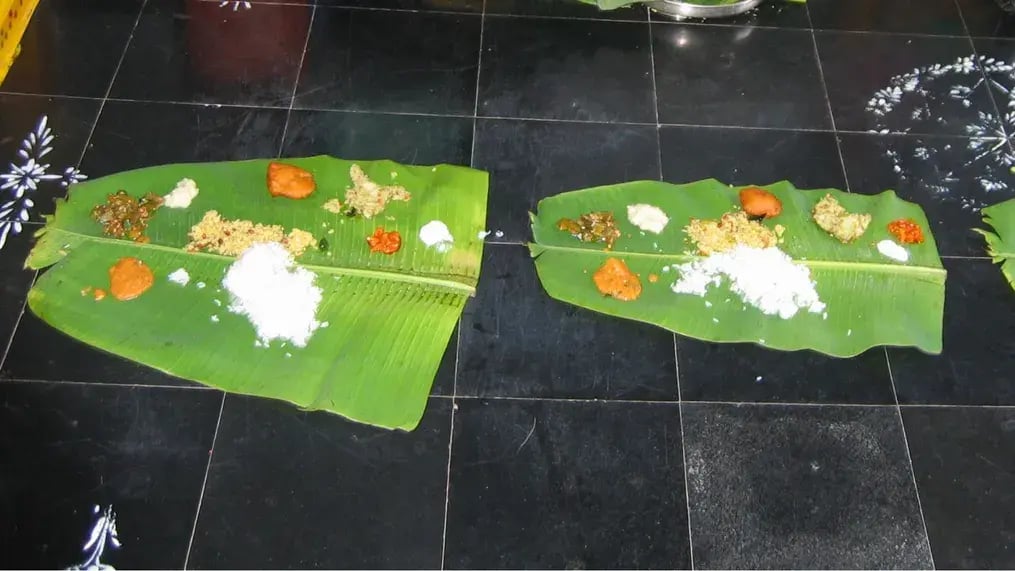 Food Served On Banana Leaf.