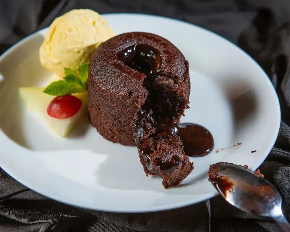 Chocolate Lava Cake Cut into with Ice Cream