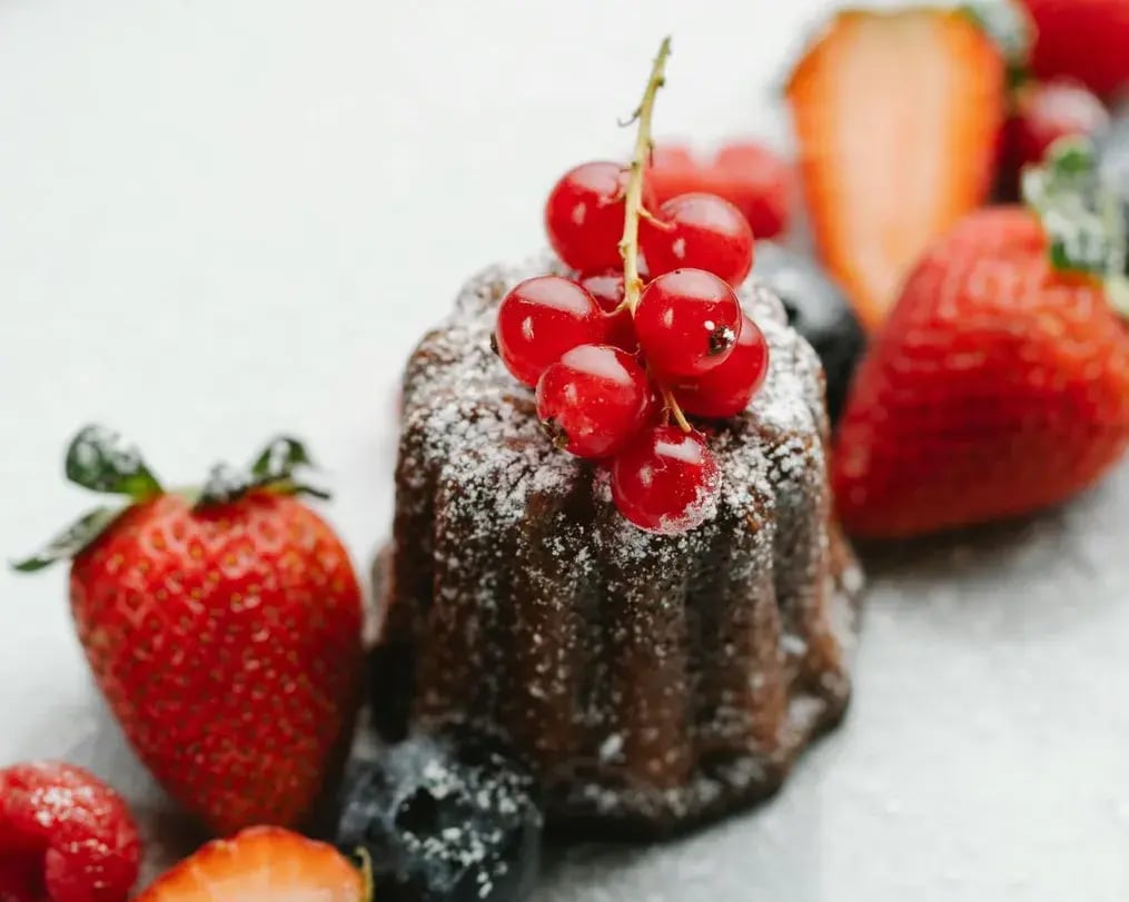 Chocolate Lava Cake with Sugar Dusting and Fruits
