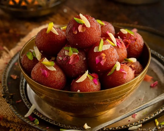Gulab Jamuns In Sugar Syrup Decorated With Pistachios And Rose Petals
