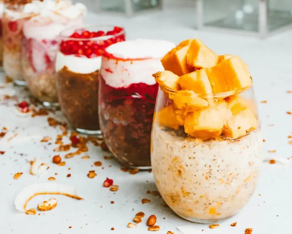 mango chocolate parfait with other parfaits close up