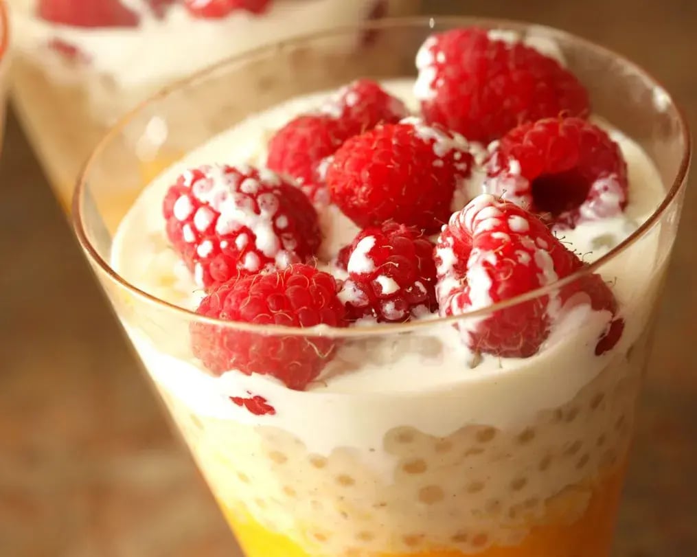 Variation of mango chocolate parfait with raspberries