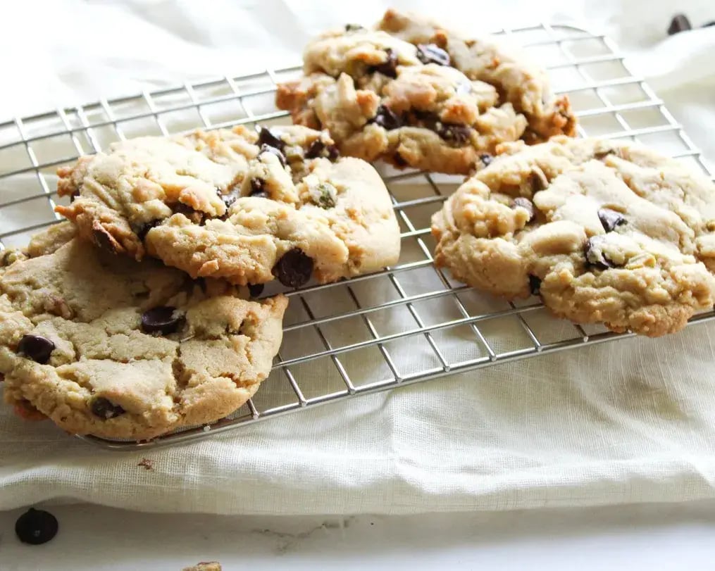 Chocolate chip cookies cooling on wire rack