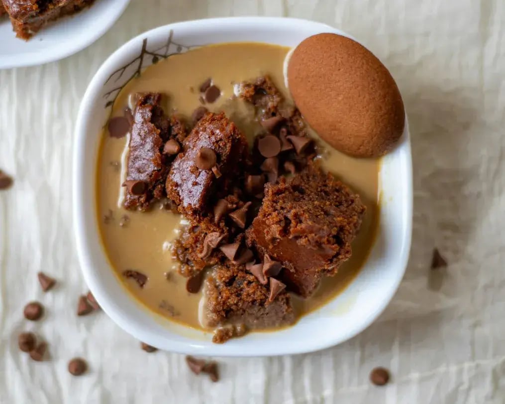 custard topped with brownies chocochips and cookie