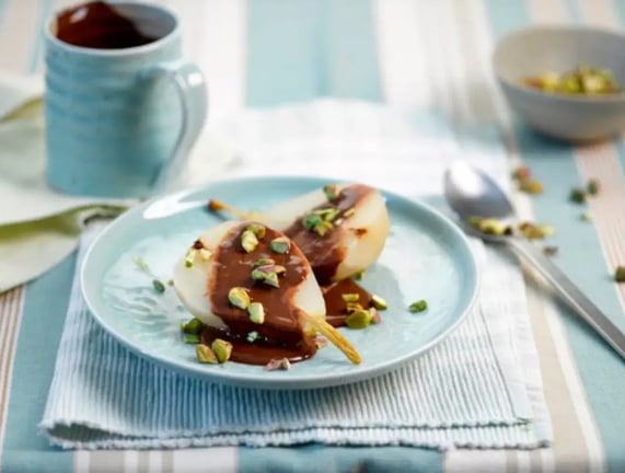 Chocolate-Poached Pears With Pistachio Crunch: An Elegant Dessert