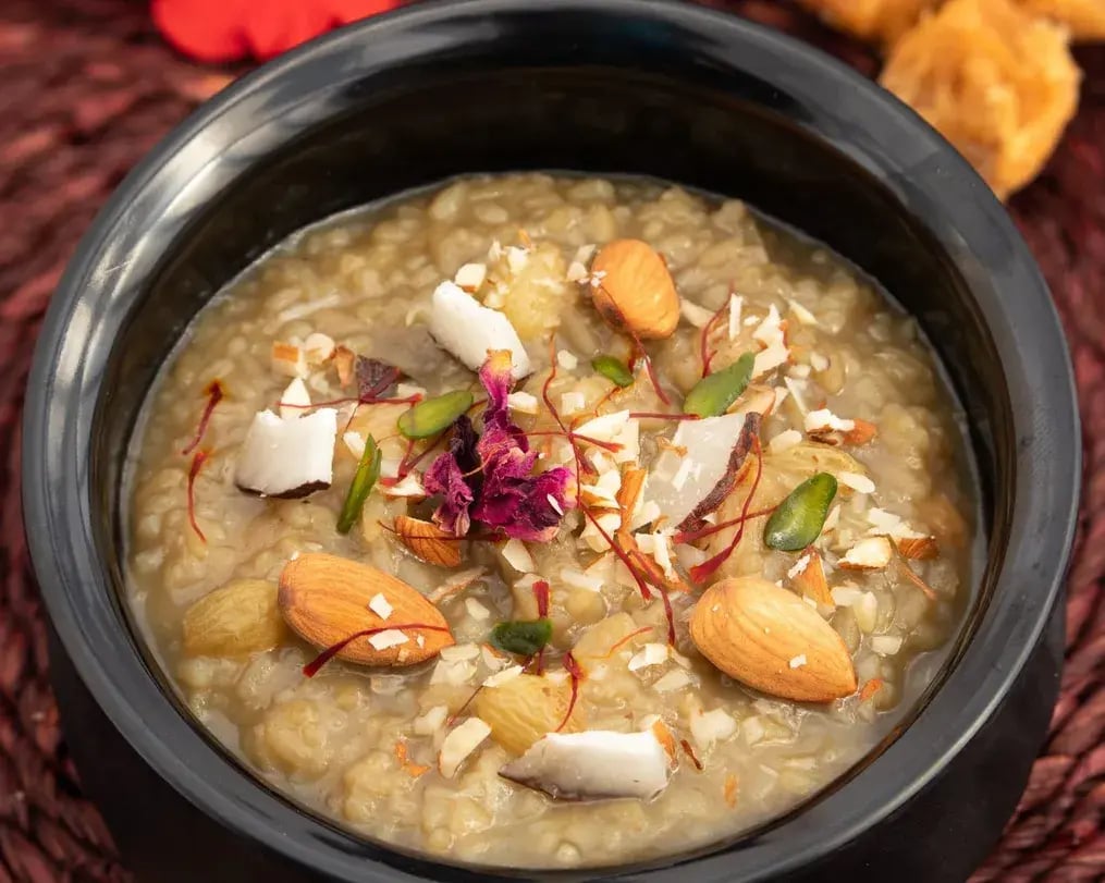 thick coconut milk kheer with dates and nuts and saffron