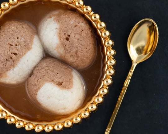 chocolate rasmalai soaked in syrup