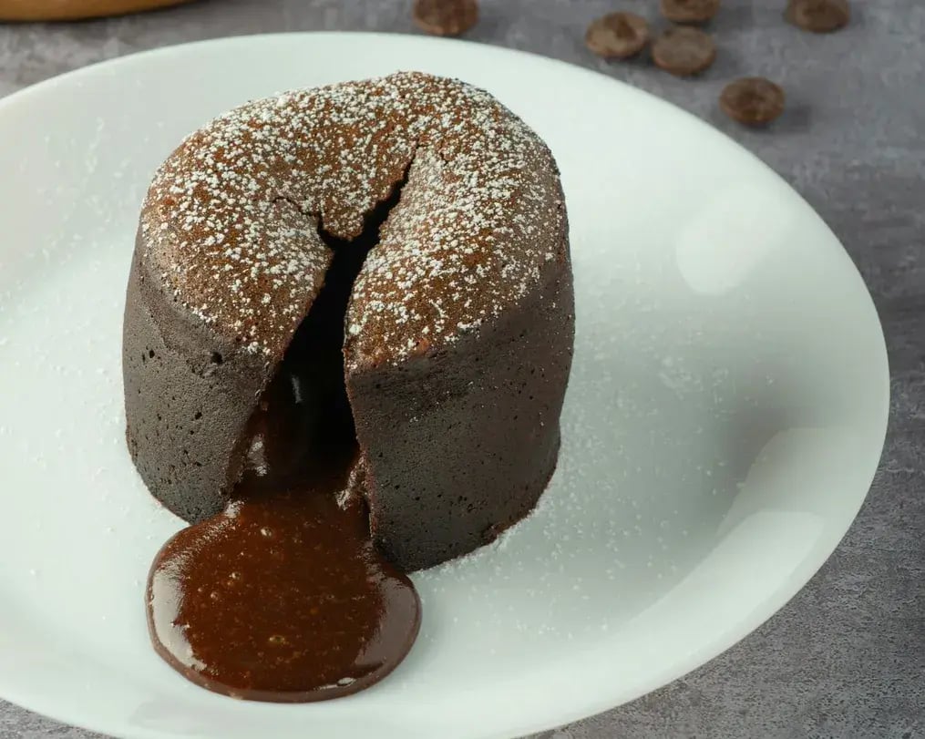 Chocolate lava cake cut with molten center out