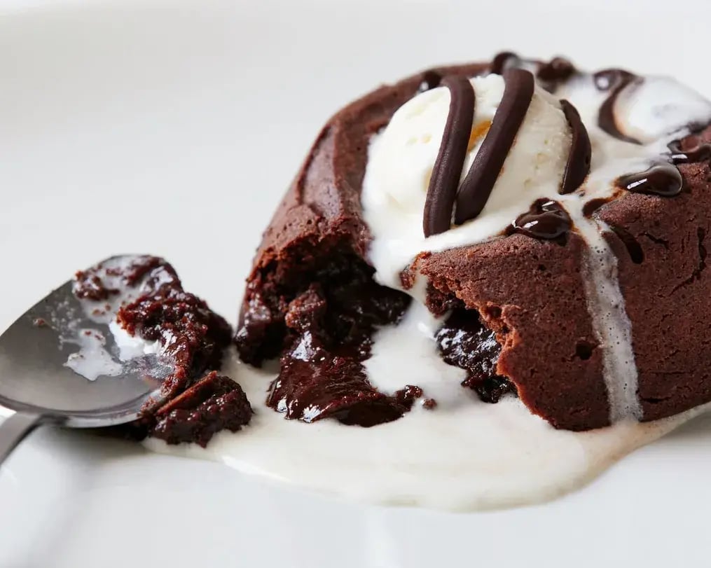 Chocolate lava cake cut with ice cream