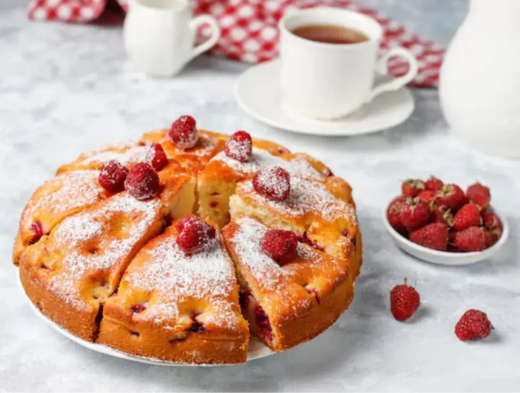 Moist Almond Cake with Fresh Raspberries