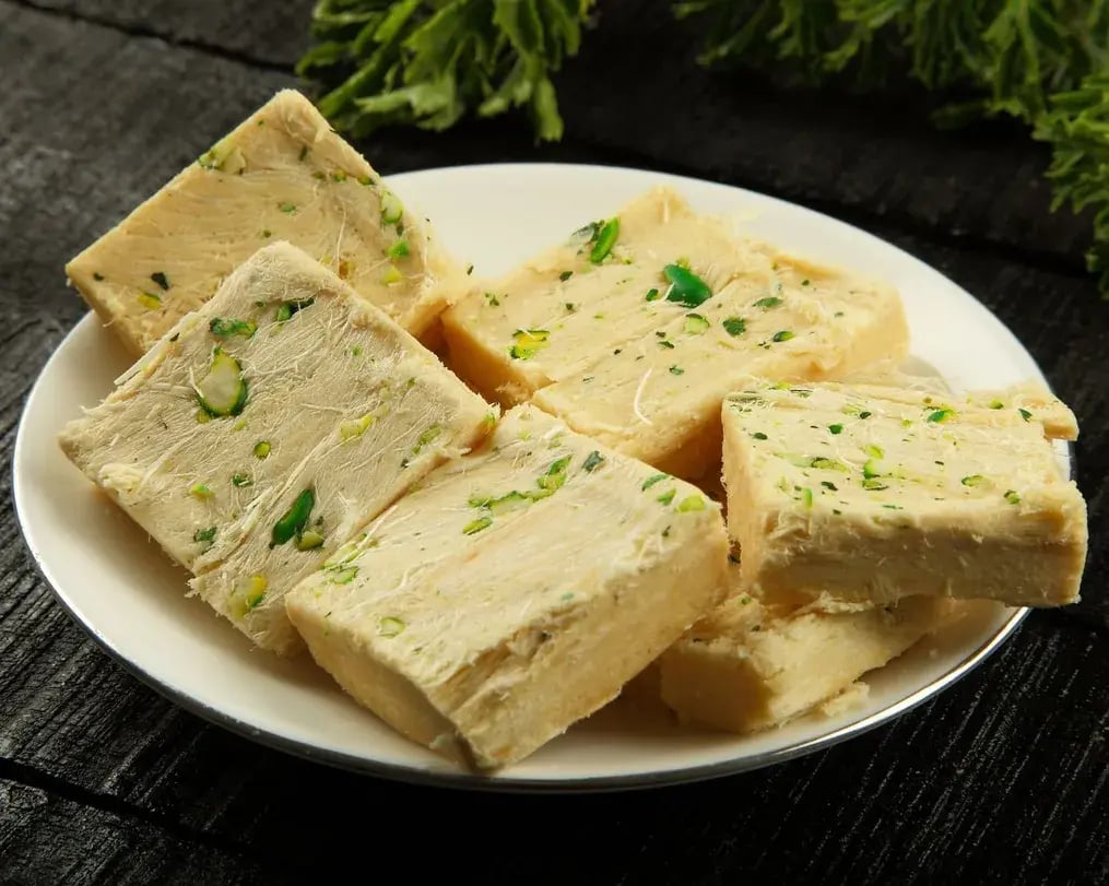 Soan Papdi On Plate With Almonds And Pistachios