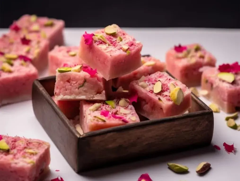 Rose & Pistachio Barfi Tarts