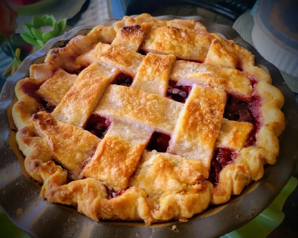 closeup of pistachio filled rhubarb pie