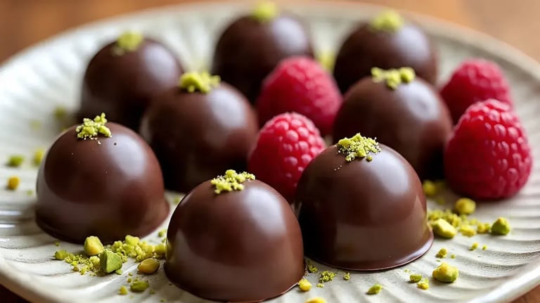 Raspberry Pistachio Truffles With Dark Chocolate Tips For Smooth Shells
