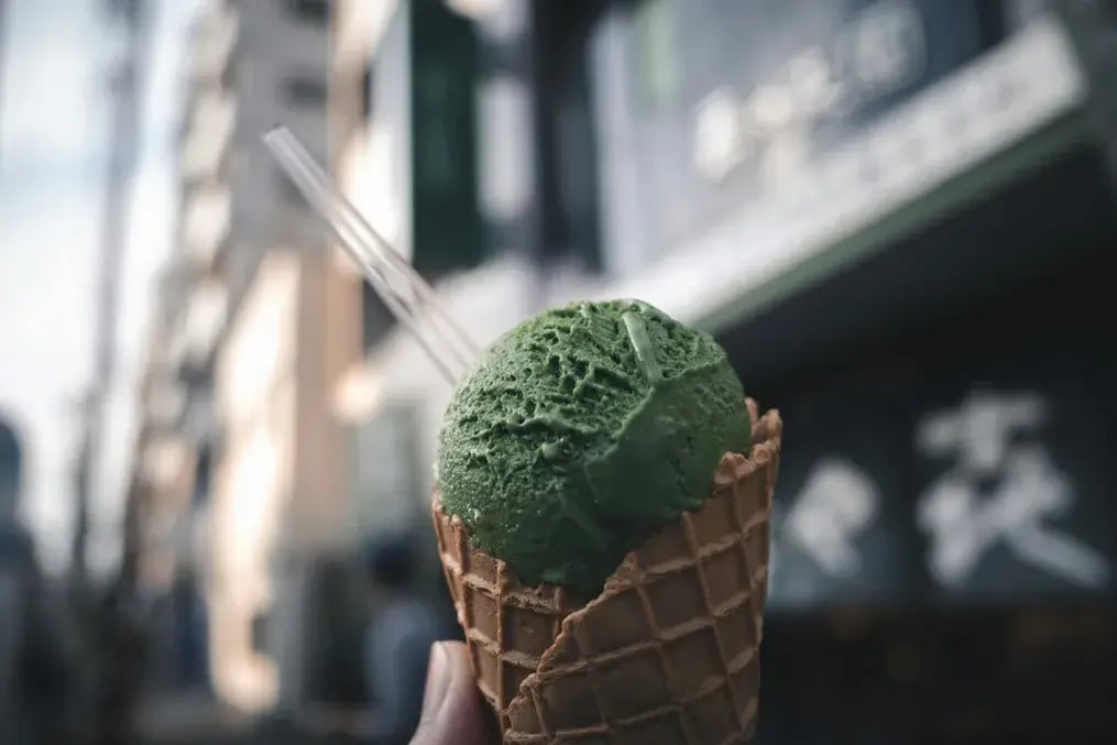 Intense Scoop of Matcha Sorbet in a Cone