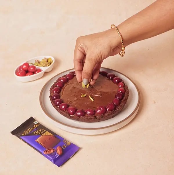 Avocado and Chocolate Bournville Tart with Nuts-Garnish with cherries