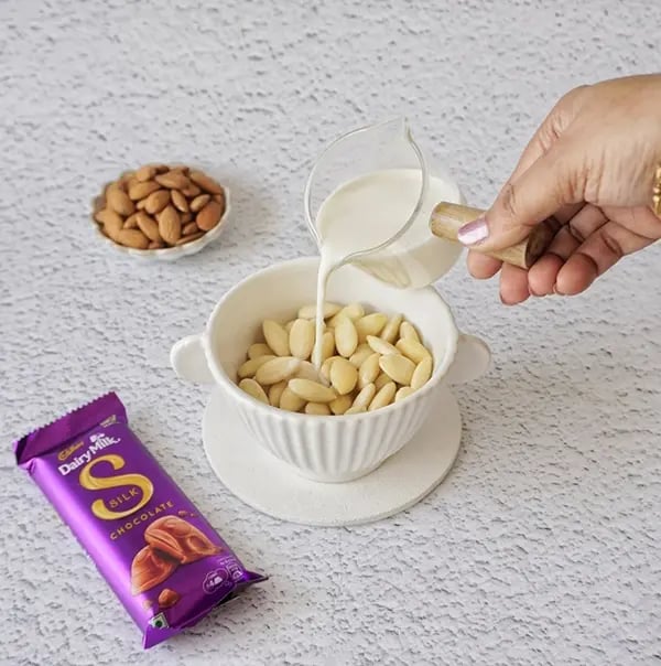 Badam Halwa with Silk Chocolate Drizzle - Soak almonds in hot water