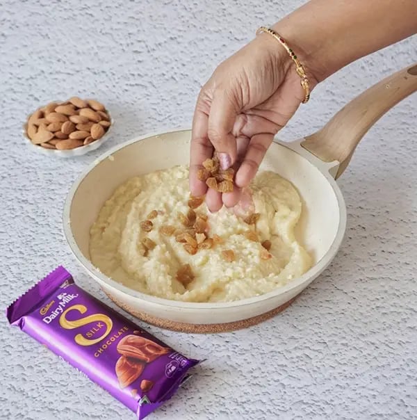 Badam Halwa with Silk Chocolate Drizzle - Stir in chopped raisins