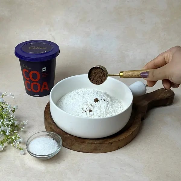 Bakery-Style Double Chocolate Bournville Cocoa Muffins - Whisking Dry Ingredients