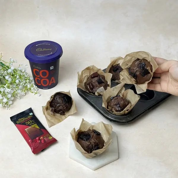 Bakery-Style Double Chocolate Bournville Cocoa Muffins - Cooled Chocolate Muffins