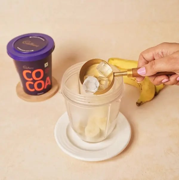 Banana and Chocolate Peanut Butter Smoothie-Add 3–4 ice cubes to the blender