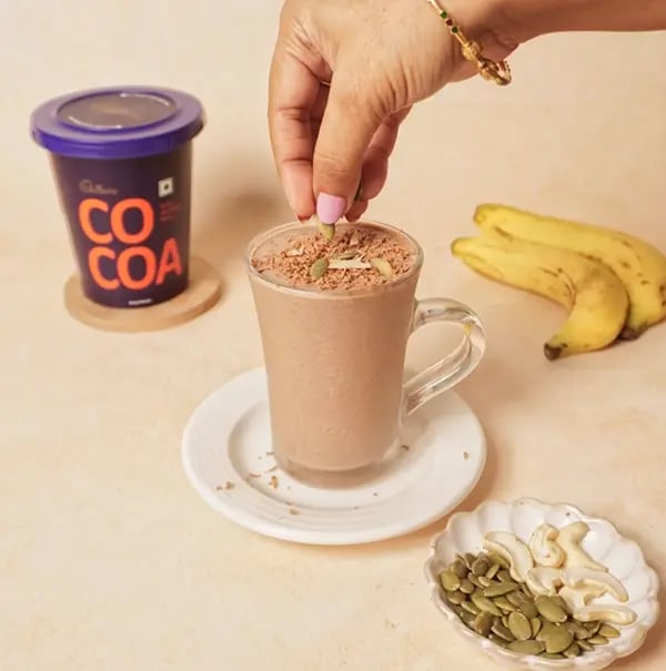 Banana and Chocolate Peanut Butter Smoothie-Top with a sprinkle of pumpkin seeds