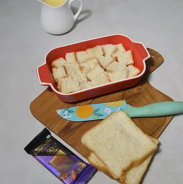 Bournville Chocolate Bread Pudding - Cut bread into slices
