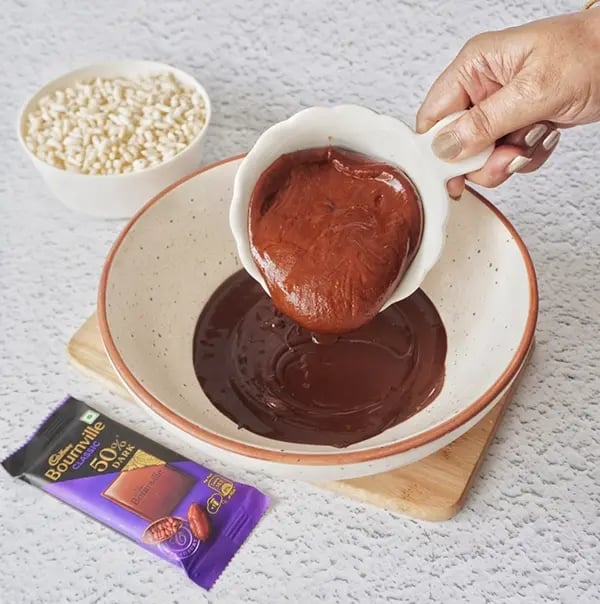 Bournville Chocolate Caramel Puffed Rice Krispie - Stir in melted jaggery or caramel sauce