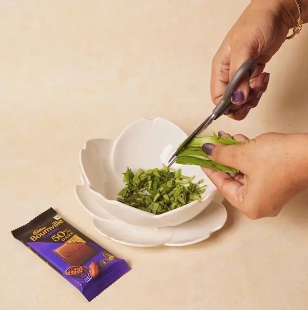 Bournville Chocolate Coated Paan Truffles-Finely chop the dried paan leaves