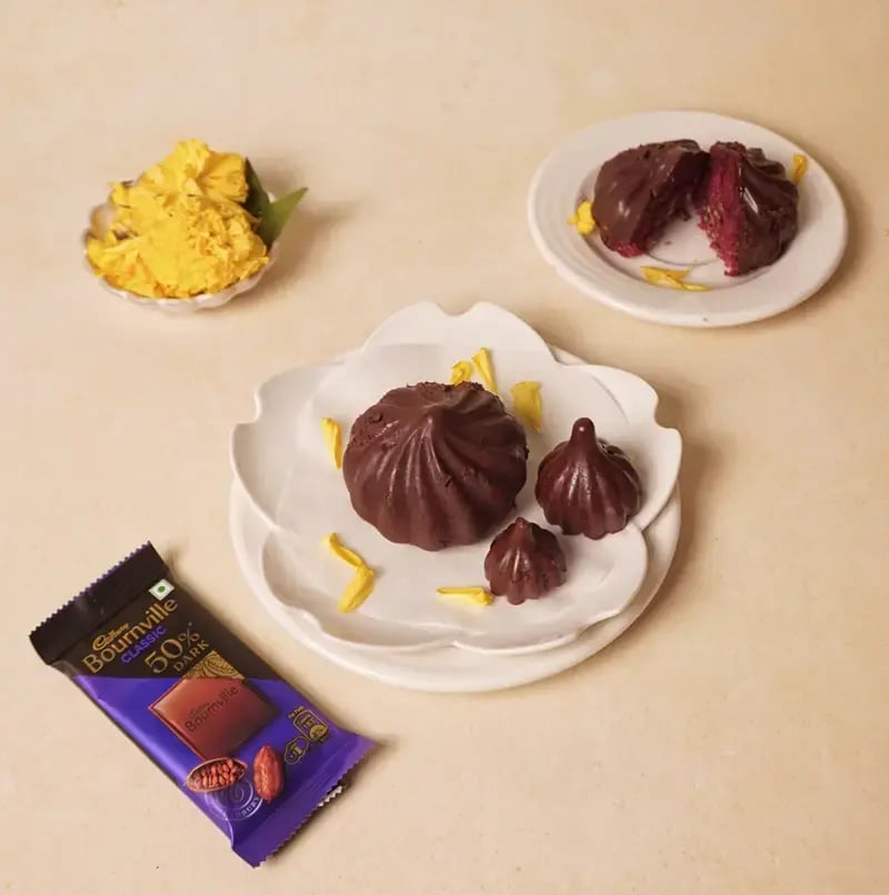 Bounville Chocolate Coated Red Velvet Giant Modak with Coconut and Nuts fo Ganesh Chatuthi Recipe