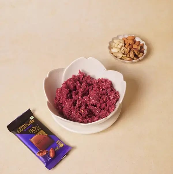 Bournville Chocolate Coated Red Velvet Giant Modak with Coconut and Nuts for Ganesh Chaturthi - Mix all the ingredients