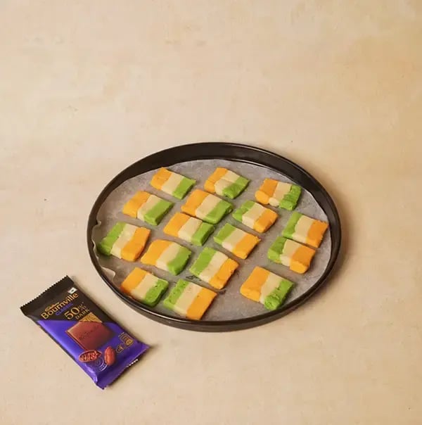 Bournville Chocolate Coated Tricolor Delight Cookies - INDEPENDENCE DAY - Place the squares on a baking tray