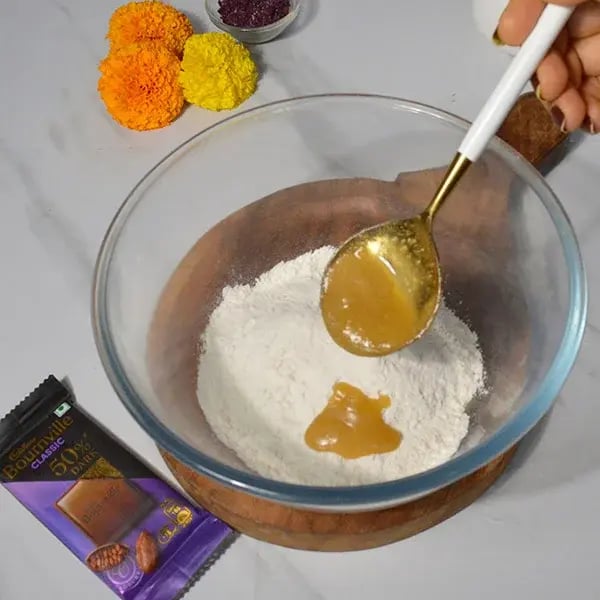 Bournville Chocolate Dipped Tutti Frutti Gujiya - Combine flour