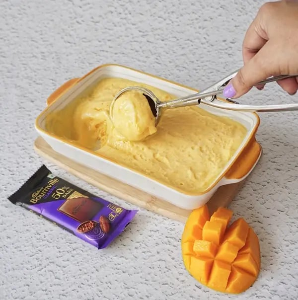 Bournville Chocolate Drizzled Mango Ice Cream-Scoop the ice cream