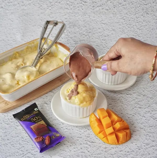 Bournville Chocolate Drizzled Mango Ice Cream-Drizzle with melted Bournville
