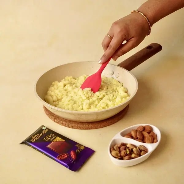 Bournville Chocolate Mango Barfi - Cooking Khoya In Ghee