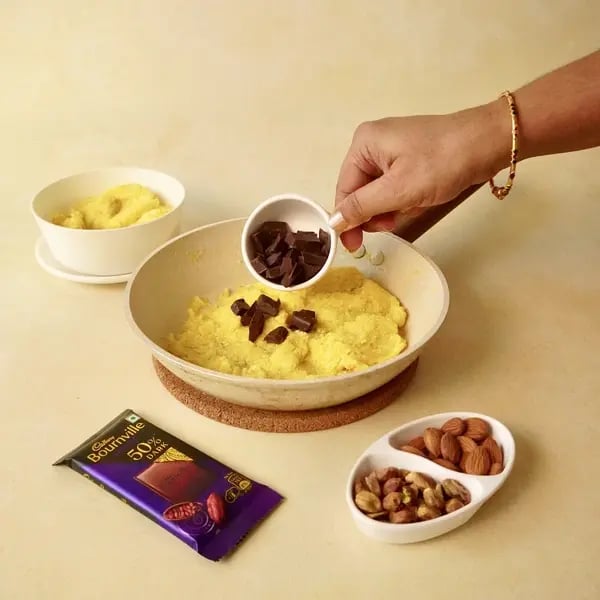 Bournville Chocolate Mango Barfi - Dividing Mixture