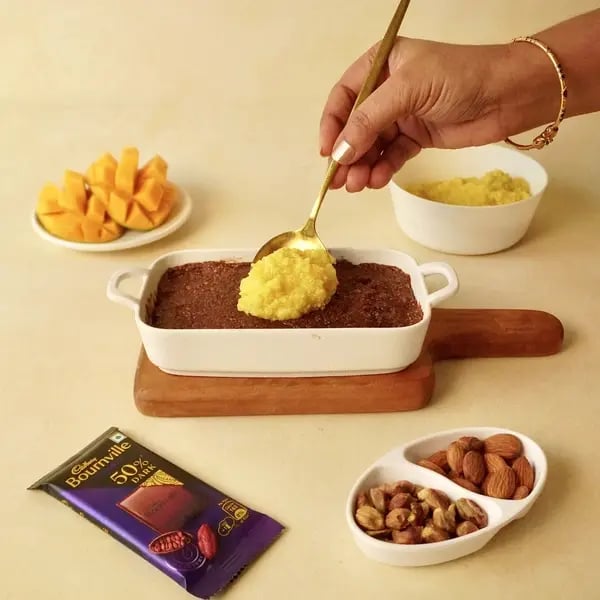 Bournville Chocolate Mango Barfi - Spreading Mango Mixture