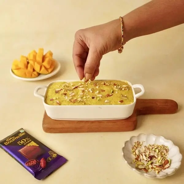 Bournville Chocolate Mango Barfi - Garnishing Barfi With Nuts