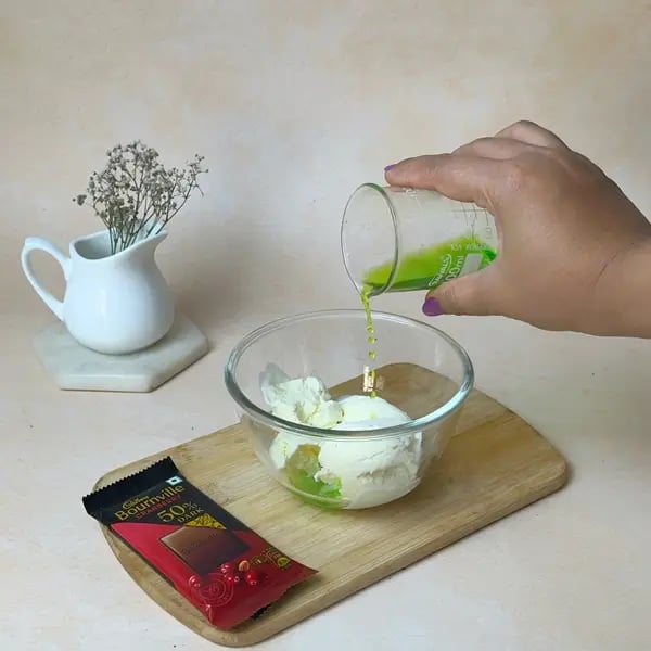 Bournville Chocolate Minty Icecream Pastry - Mixing Ice Cream Syrup