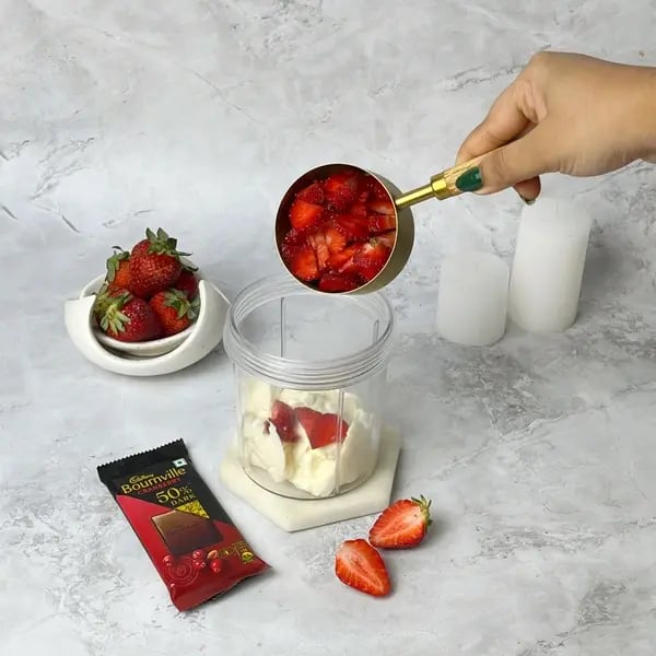 Bournville Chocolate No-Bake Strawberry Cheesecake - Cream Cheese Strawberries Blended