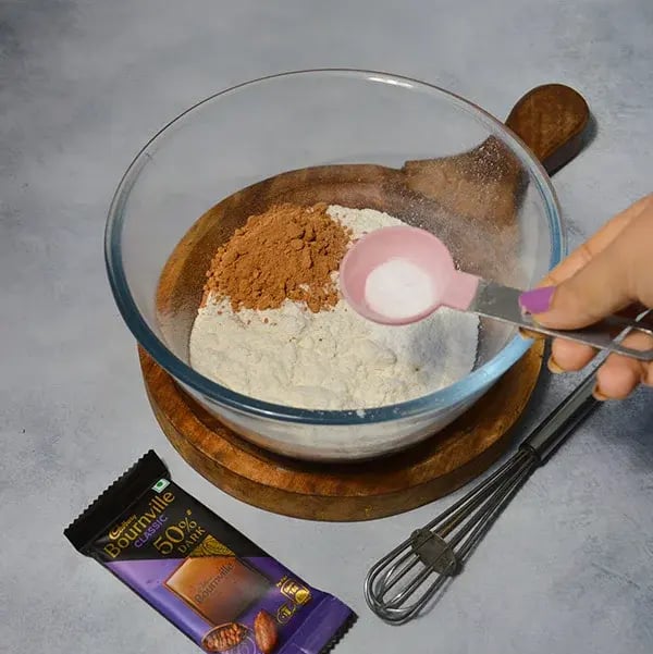 Bournville Chocolate Pound Cake - Mix maida, Cocoa powder, baking powder and baking soda