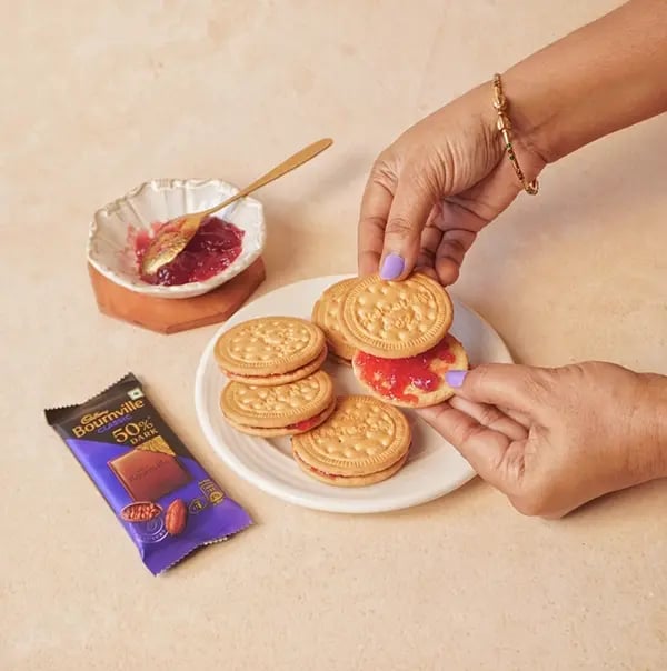 Bournville Chocolate Sandwiches with Biscuit and Jam-Place another biscuit on top to form a sandwich