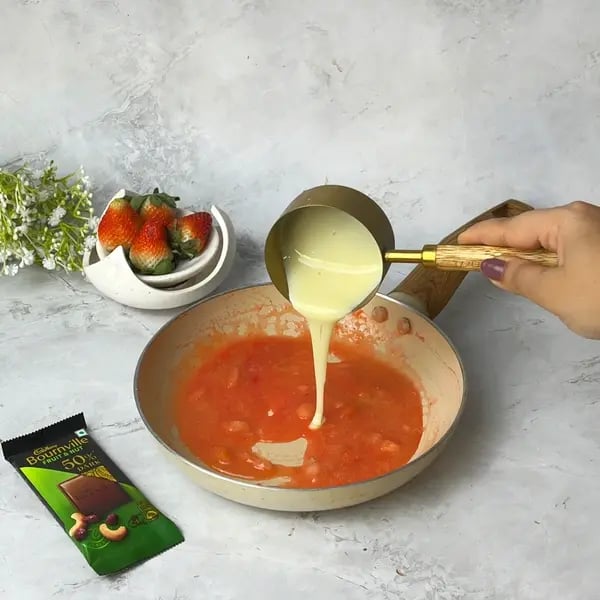 Bournville Coated Strawberry Coconut Fudge - Pouring Condensed Milk
