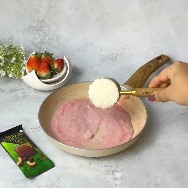Bournville Coated Strawberry Coconut Fudge - Adding Coconut