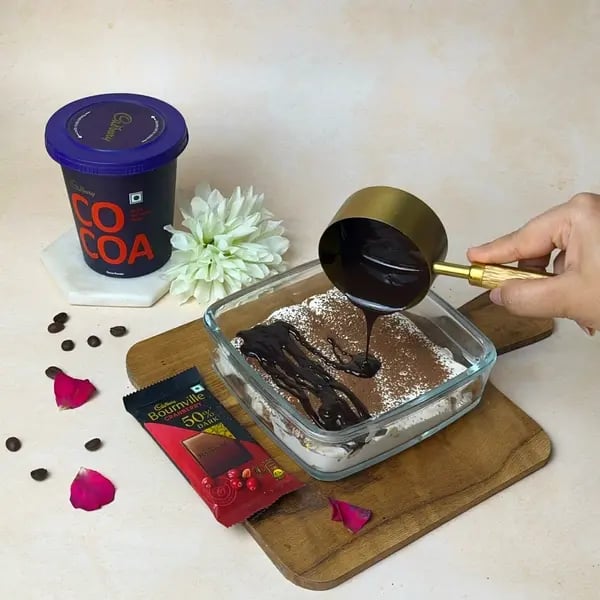 Bournville Cocoa Tiramisu Icebox Cake - Pouring Melted Chocolate