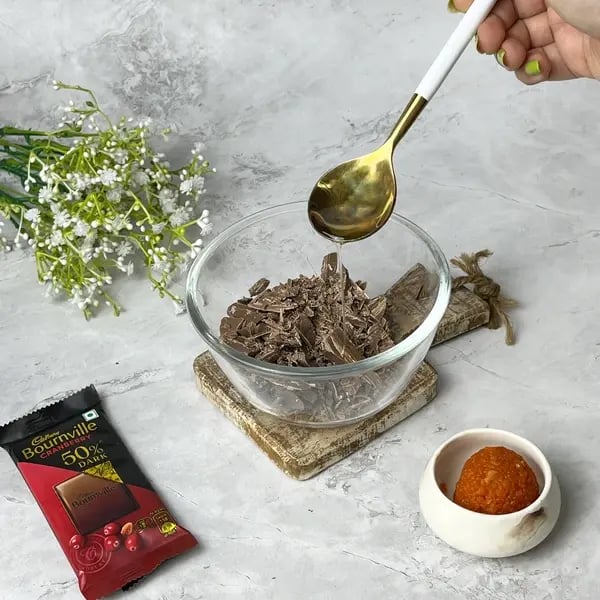 Bournville Covered Motichur Ladoo - Melting Chocolate In Bowl