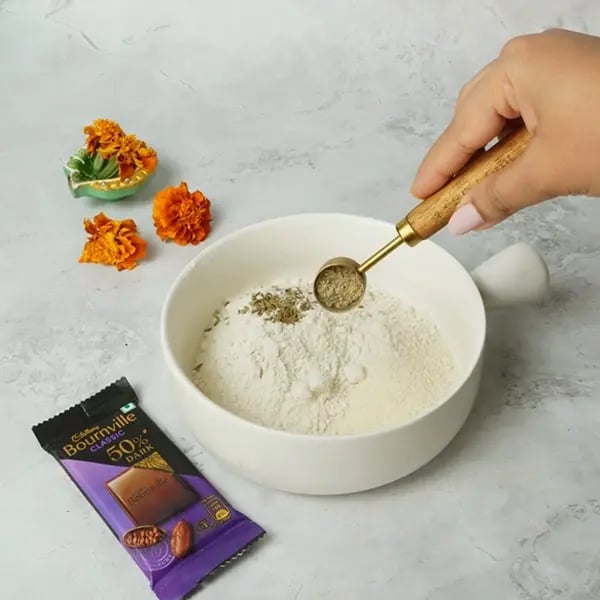 Bournville Dipped Thekua for Chhath Pooja-Mix all-purpose flour and suji
