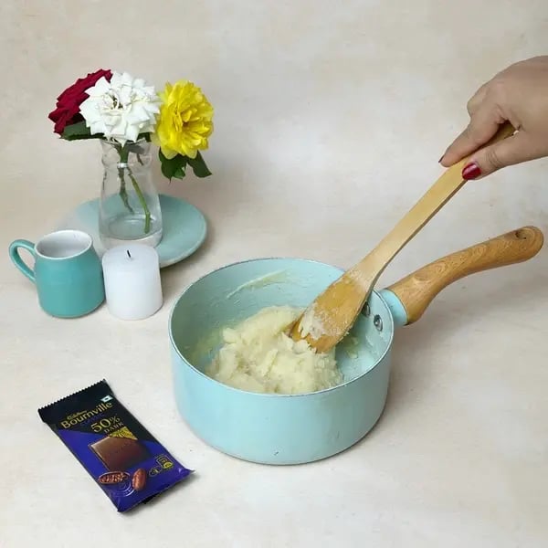 Bournville Dipped Choux Pastry - Adding Flour To Pot