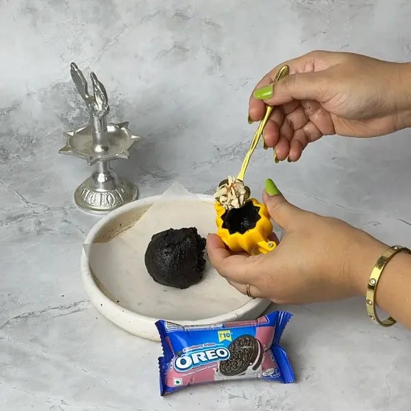 Bournville Dipped Oreo Modak - Stuffing With Nuts
